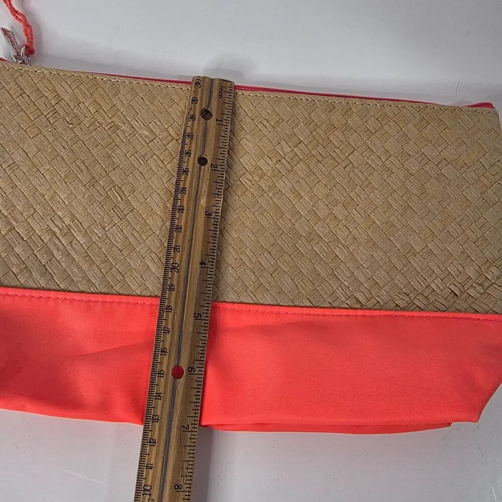 Sephora Woven Straw Coral Cosmetic Makeup Bag Tassel Zipper Pouch 11x7